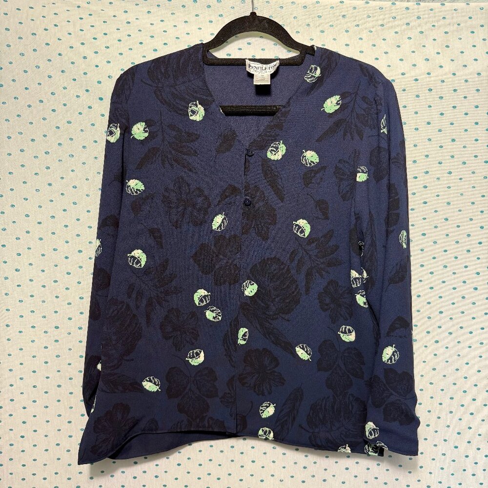 Pendleton Petite Women's Blue & Green Leaf Print Reversible Cardigan Jacket